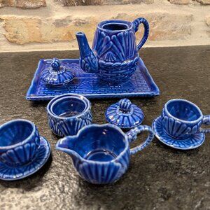 Vintage Blue Child’s Ceramic Tea Set w/Fan Basket Pattern, (10) pieces
